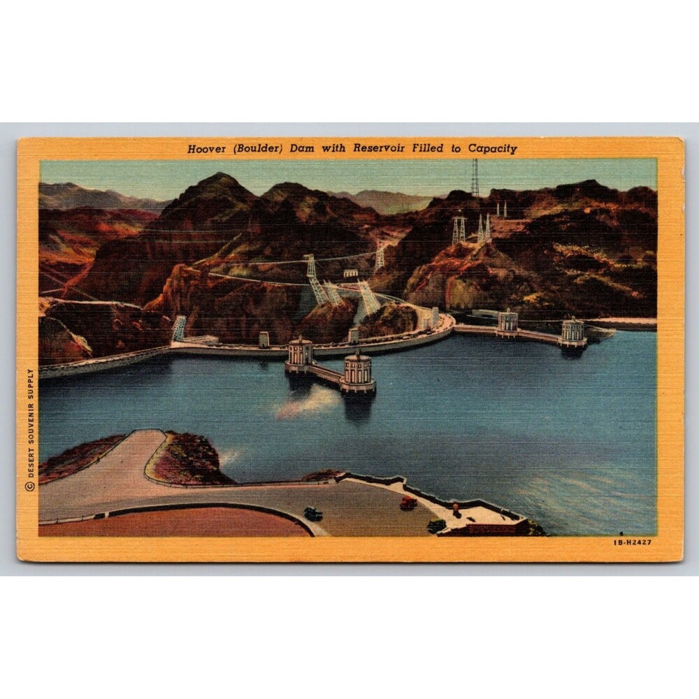 Vintage Hoover Boulder Dam Linen Postcard Reservoir Filled To Capacity NV AZ